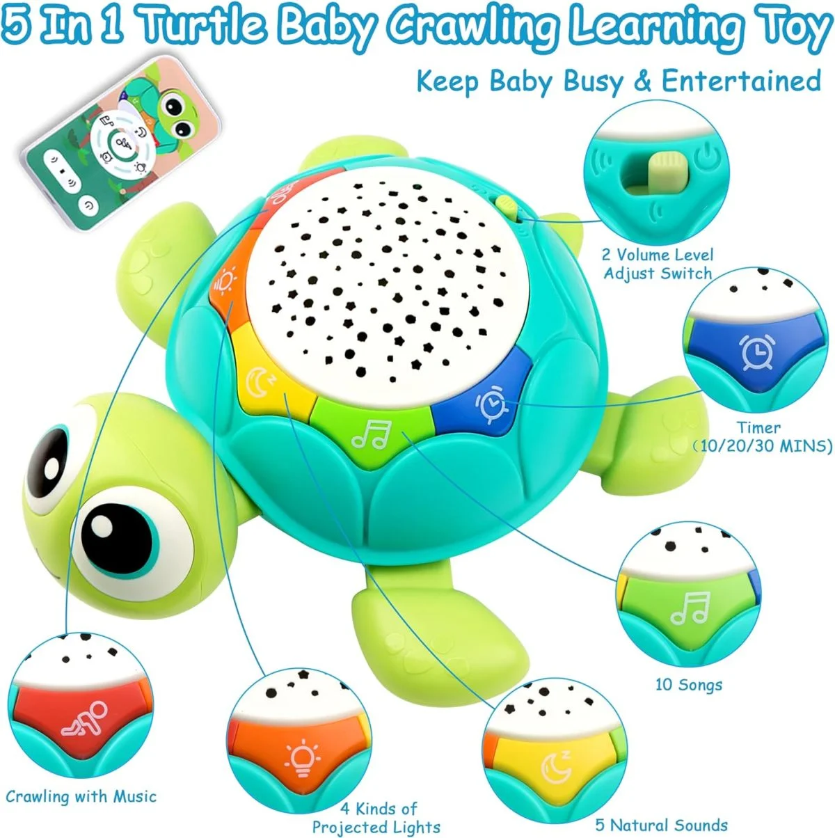 Toy Supplier China 5 in 1 Musical Projector Turtle Crawling Toys Educational Musical Turtle Crawling Baby Toy - Image 5