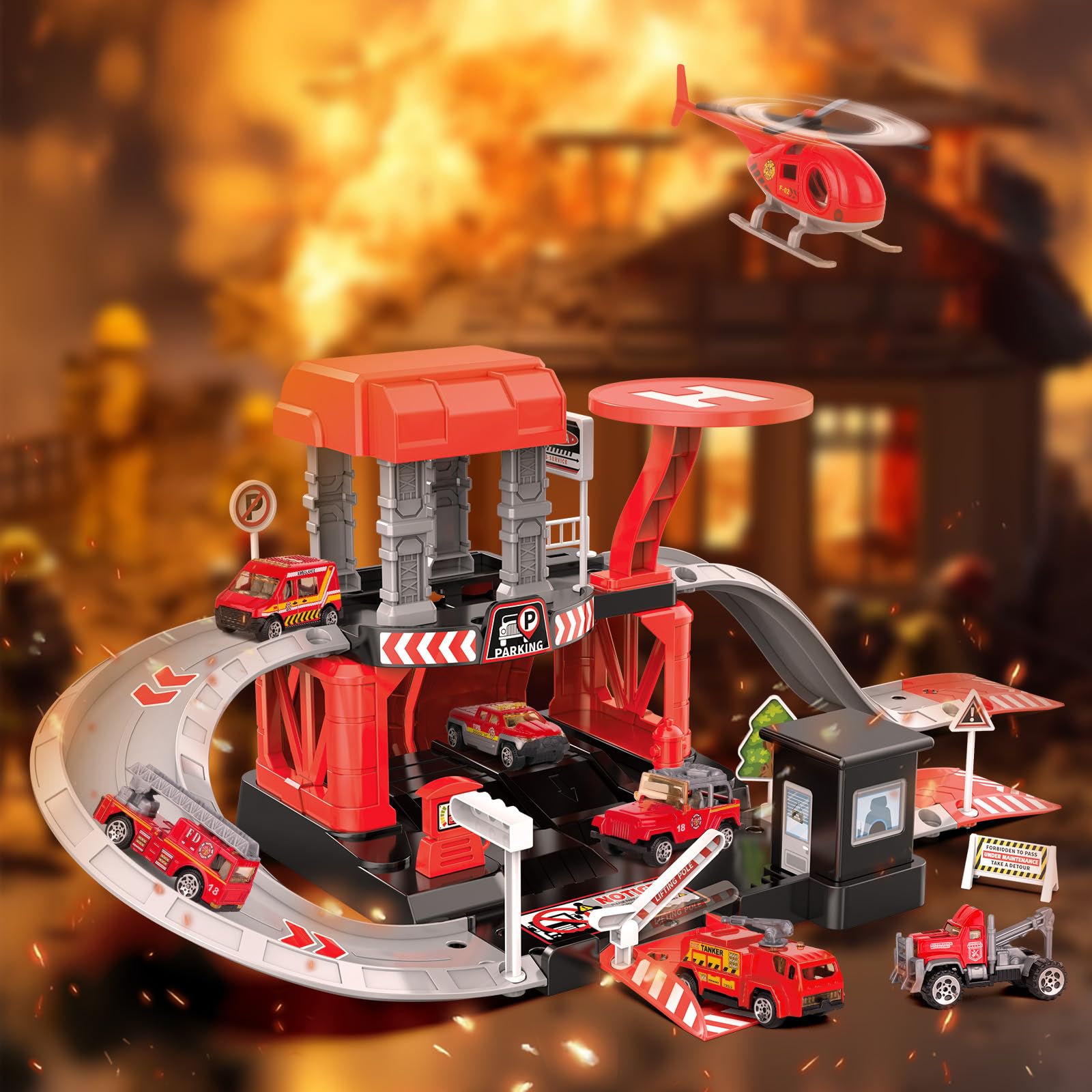Fire Station Toys Building Block Set Diecast Garage Track Alloy Metal Design Parking Lot Game Plastic Toy - Image 13